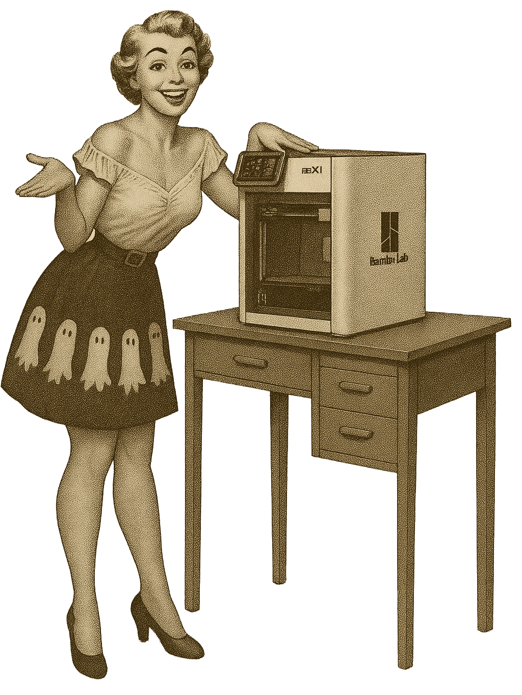 Vintage-style illustration of a woman with a 3d printer and a desk on a blank background